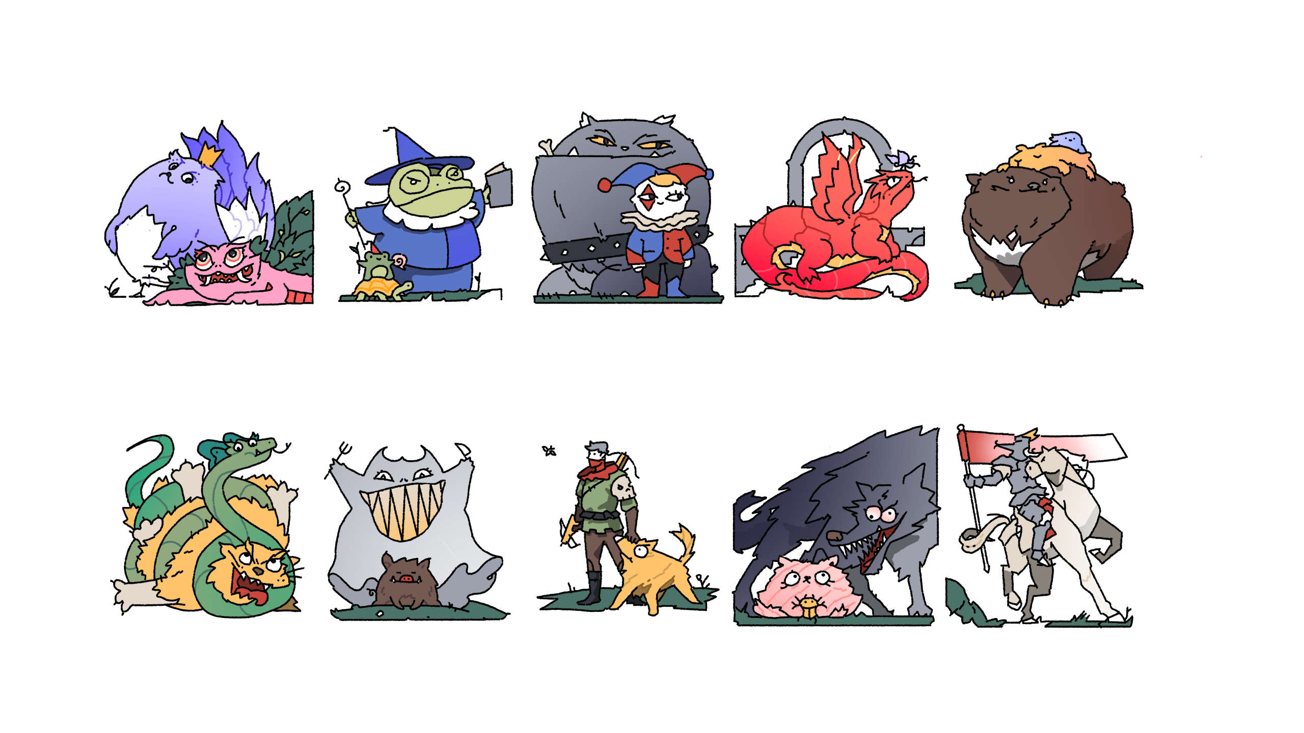 Illustration of various creatures and characters for cards.