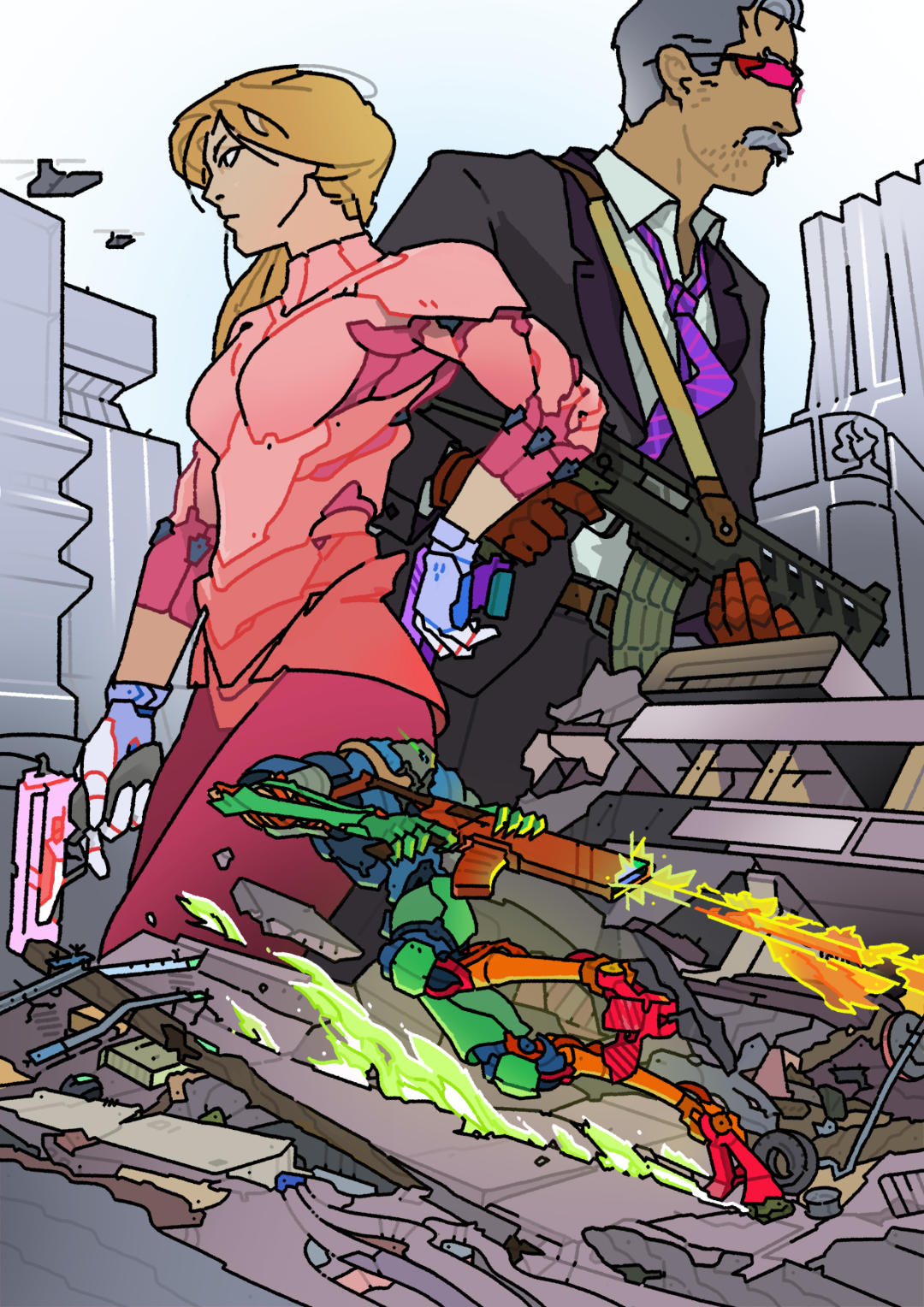 Illustration of two sci-fi characters in an urban environment.