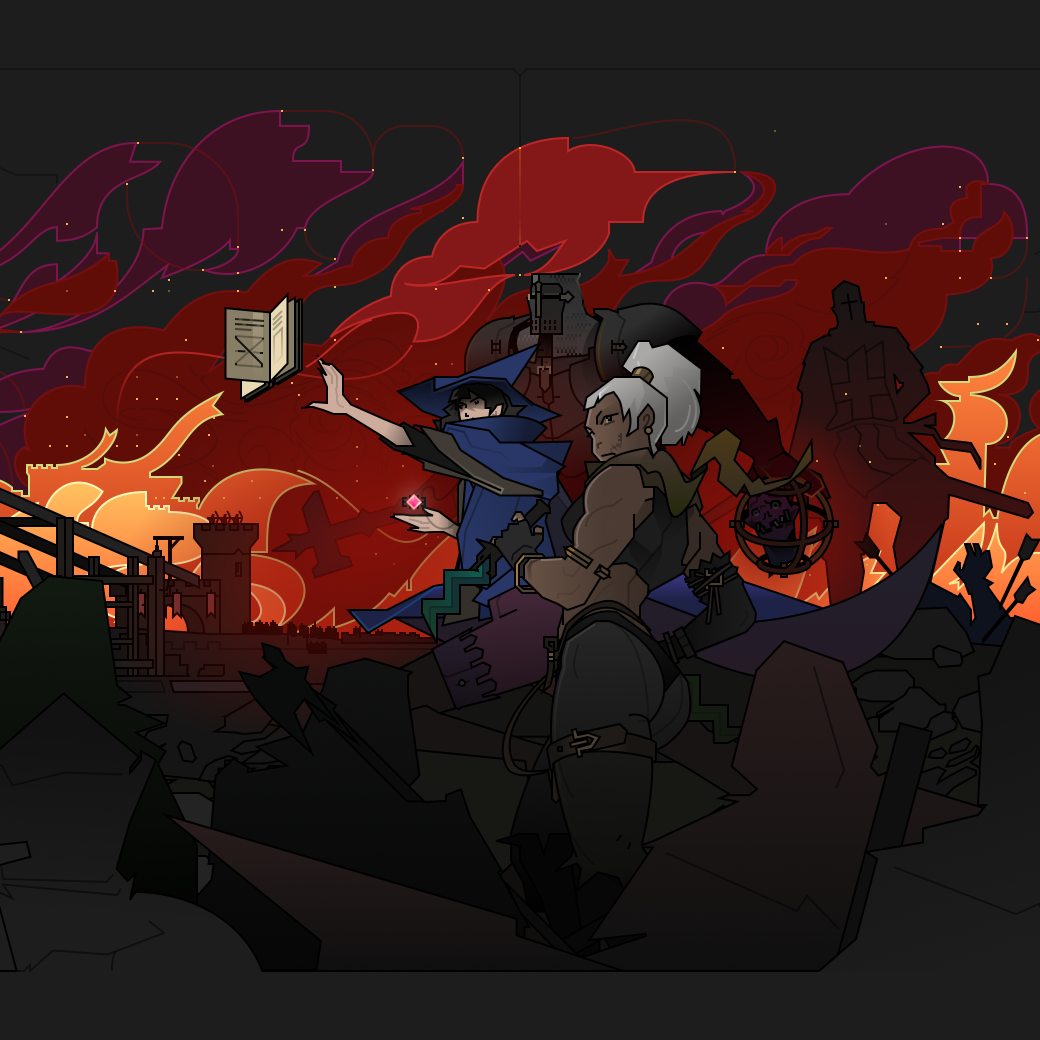 Vector illustration of a group of characters in front of a fire.