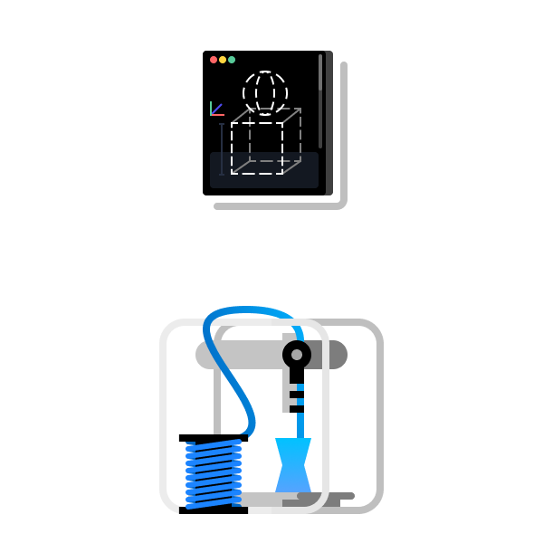 Vector illustration of a 3D modeling software and a 3D printer.